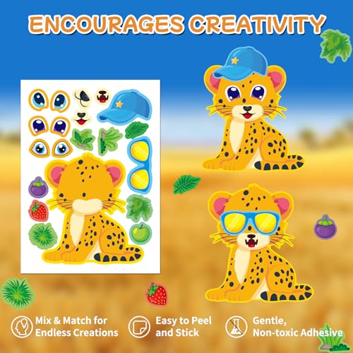 Aowplc 48 Make A Safari Animal Sticker Sheets - Jungle & Zoo Party Favors Supplies - Fun Craft Activities for Kids Ages 3+ - Image 3