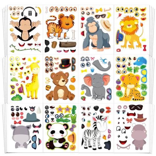 Aowplc 48 Make A Safari Animal Sticker Sheets - Jungle & Zoo Party Favors Supplies - Fun Craft Activities for Kids Ages 3+ - Image 1