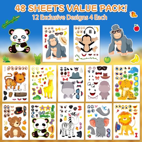 Aowplc 48 Make A Safari Animal Sticker Sheets - Jungle & Zoo Party Favors Supplies - Fun Craft Activities for Kids Ages 3+ - Image 2