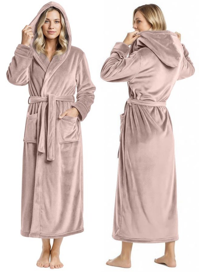 NY Threads Women Fleece Hooded Bathrobe - Plush Long Robe, Taupe, M - Image 1