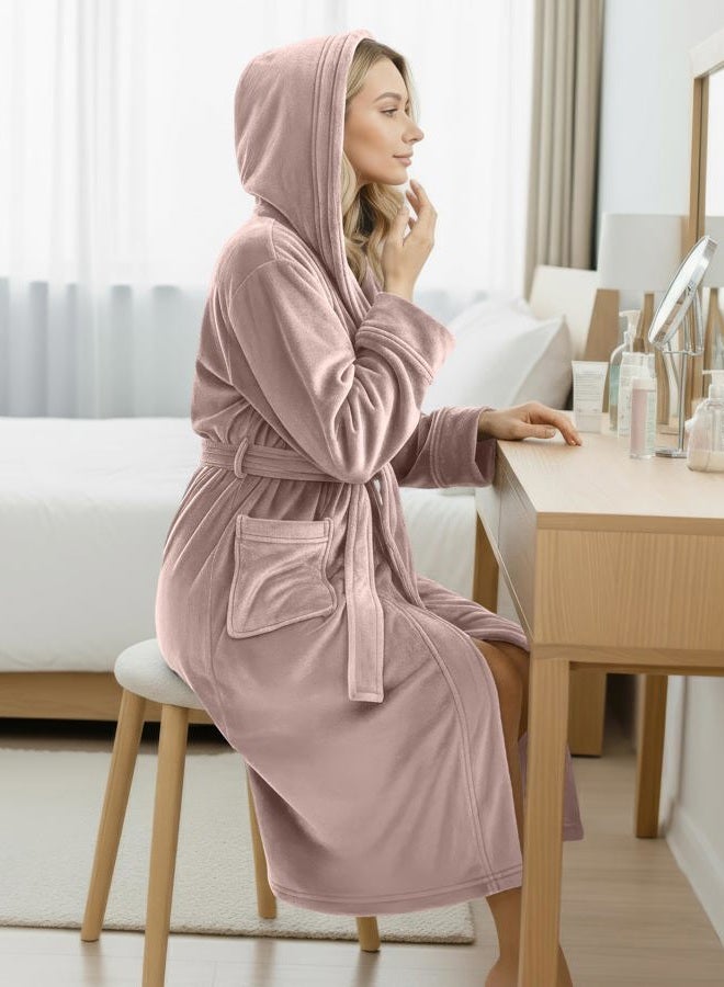 NY Threads Women Fleece Hooded Bathrobe - Plush Long Robe, Taupe, M - Image 5
