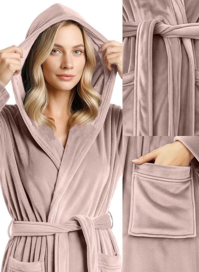 NY Threads Women Fleece Hooded Bathrobe - Plush Long Robe, Taupe, M - Image 3