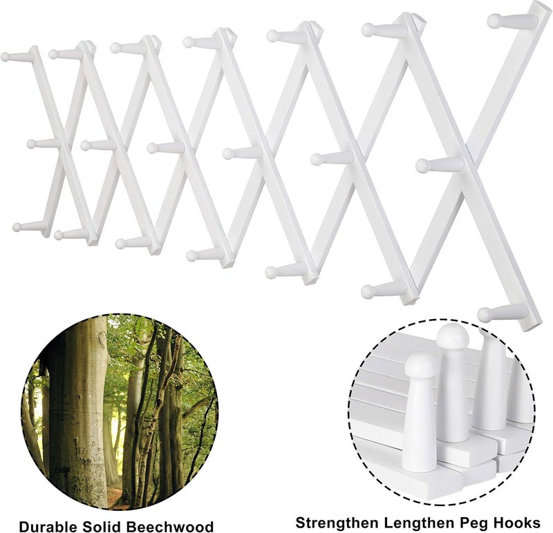 Dseap Accordian Wall Hanger: Wooden Coat Rack Wall Mounted, Hat Racks for Baseball Caps, Mug Rack, 20 Peg Hooks, White - Image 3