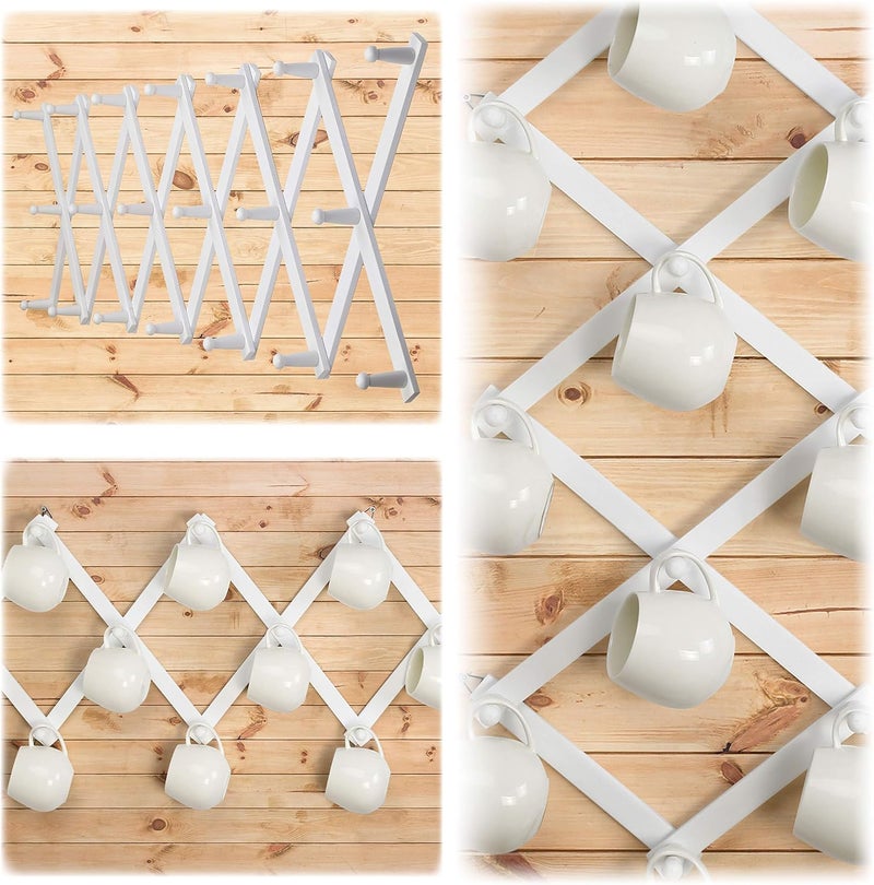 Dseap Accordian Wall Hanger: Wooden Coat Rack Wall Mounted, Hat Racks for Baseball Caps, Mug Rack, 20 Peg Hooks, White - Image 5