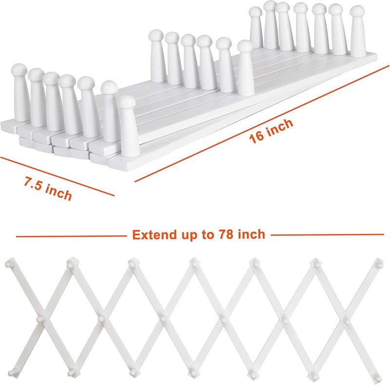 Dseap Accordian Wall Hanger: Wooden Coat Rack Wall Mounted, Hat Racks for Baseball Caps, Mug Rack, 20 Peg Hooks, White - Image 2