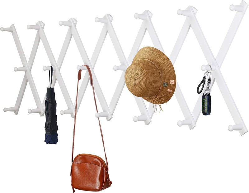 Dseap Accordian Wall Hanger: Wooden Coat Rack Wall Mounted, Hat Racks for Baseball Caps, Mug Rack, 20 Peg Hooks, White - Image 1