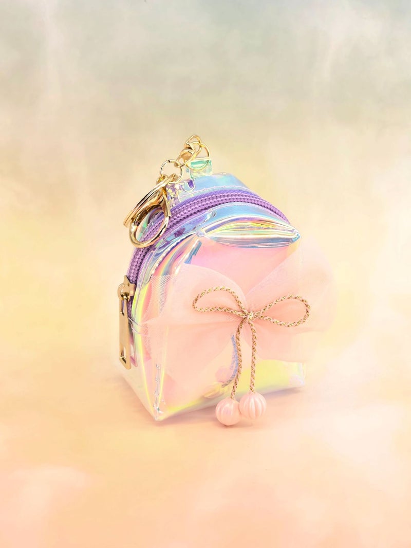 estella Laser-Transparent Colorful Coin Purse with Mesh Bow - Lightweight Luxury Mini Backpack Keychain Accessory - Image 4
