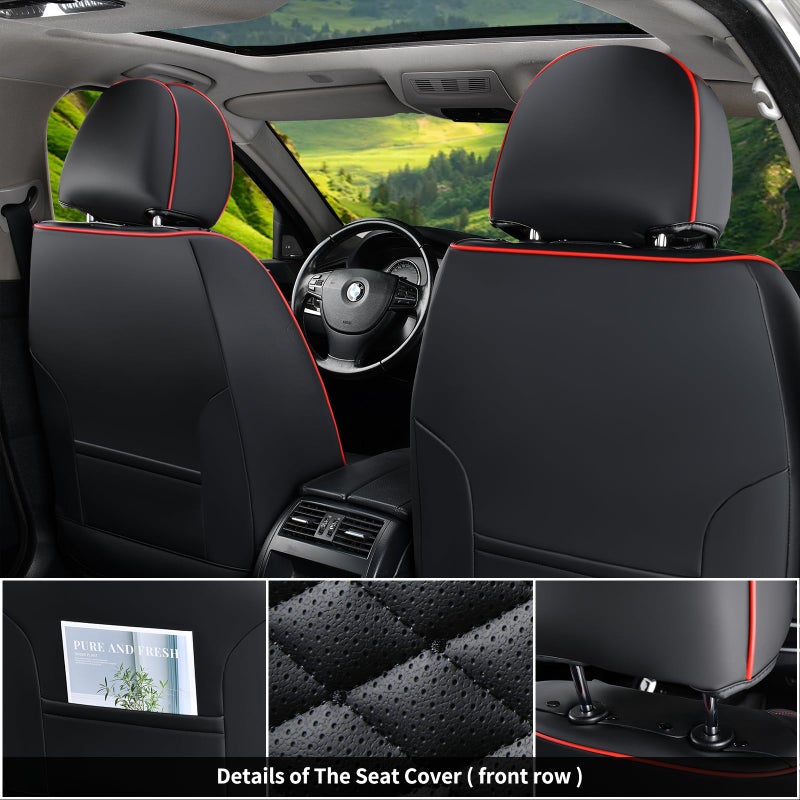 Coverado Seat Covers Full Set, Waterproof Nappa Leather Seat Covers for Cars, 5 Seats Universal Car Seat Protectors, Black Car Seat Covers Car Seat Cushions Fit for Most Cars (Black&Red) - Image 4