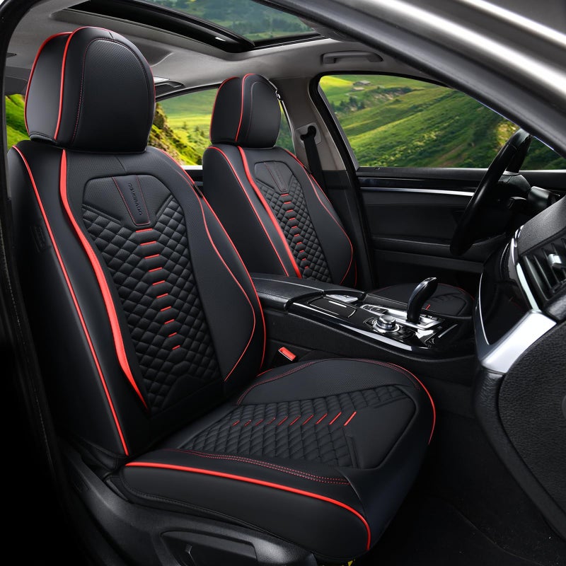 Coverado Seat Covers Full Set, Waterproof Nappa Leather Seat Covers for Cars, 5 Seats Universal Car Seat Protectors, Black Car Seat Covers Car Seat Cushions Fit for Most Cars (Black&Red) - Image 1