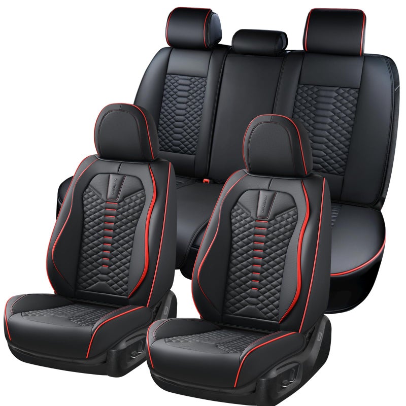 Coverado Seat Covers Full Set, Waterproof Nappa Leather Seat Covers for Cars, 5 Seats Universal Car Seat Protectors, Black Car Seat Covers Car Seat Cushions Fit for Most Cars (Black&Red) - Image 2