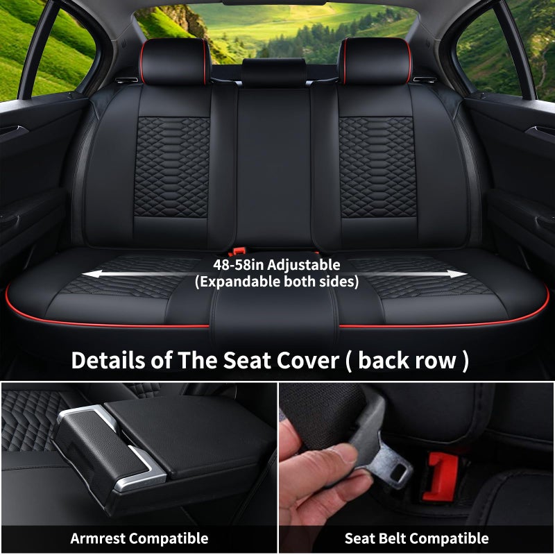 Coverado Seat Covers Full Set, Waterproof Nappa Leather Seat Covers for Cars, 5 Seats Universal Car Seat Protectors, Black Car Seat Covers Car Seat Cushions Fit for Most Cars (Black&Red) - Image 3