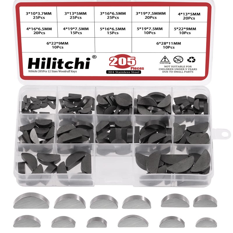 Hilitchi 205Pcs 12 Sizes Carbon Steel Woodruff Keys Half Moon Assortment Kit Semicircle Bond Key Hardware Metric Assortment Kit Woodruff KeyCrankshaft for Fasteners Mechanical Industry