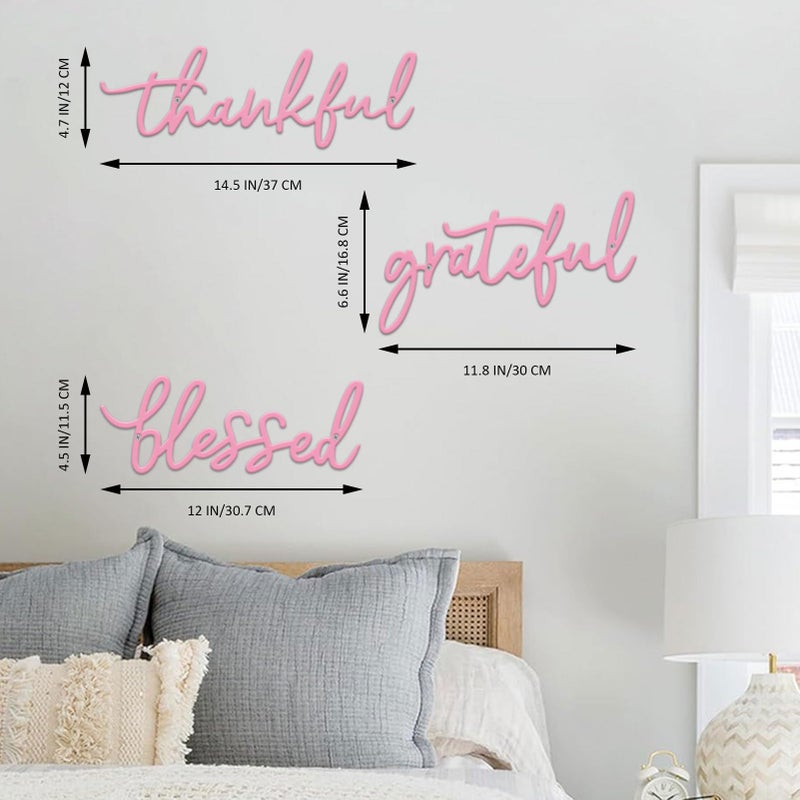 ESTART Thankful Grateful Blessed Letter Sign Metal Wall Decor, 3 Pieces Pink Letters Wall Art for Bathroom Bedroom Metal Words Wall Decor for Home Decor (Pink) - Image 3