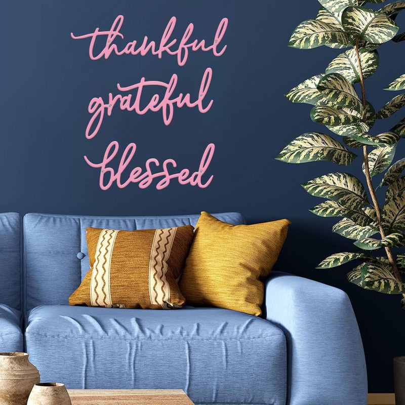 ESTART Thankful Grateful Blessed Letter Sign Metal Wall Decor, 3 Pieces Pink Letters Wall Art for Bathroom Bedroom Metal Words Wall Decor for Home Decor (Pink) - Image 2
