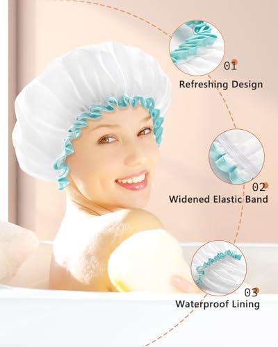 mikimini White Shower Cap for Women and Girls 2 Pack,Double Waterproof, Reusable,Washable, Super Cute and Soft,Comfortable - Image 4