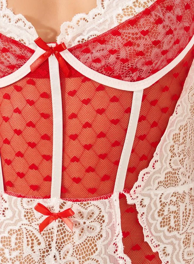 Styli Heart Mesh and Floral Lace Bodysuit