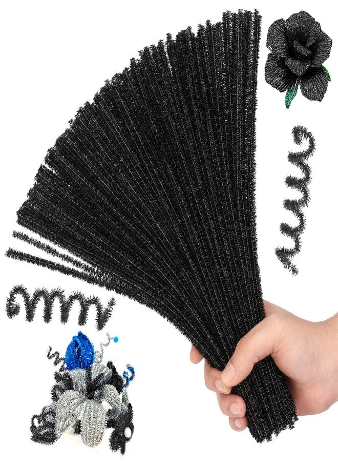 Hssugi Pipe Cleaners Black, 100PCS Pipe Cleaners Craft Supplies, Glitter Black Chenille Stems Pipe Cleaners for Hair Fuzzy Sticks for DIY Art and Craft Projects Home Christmas Decoration - Image 1