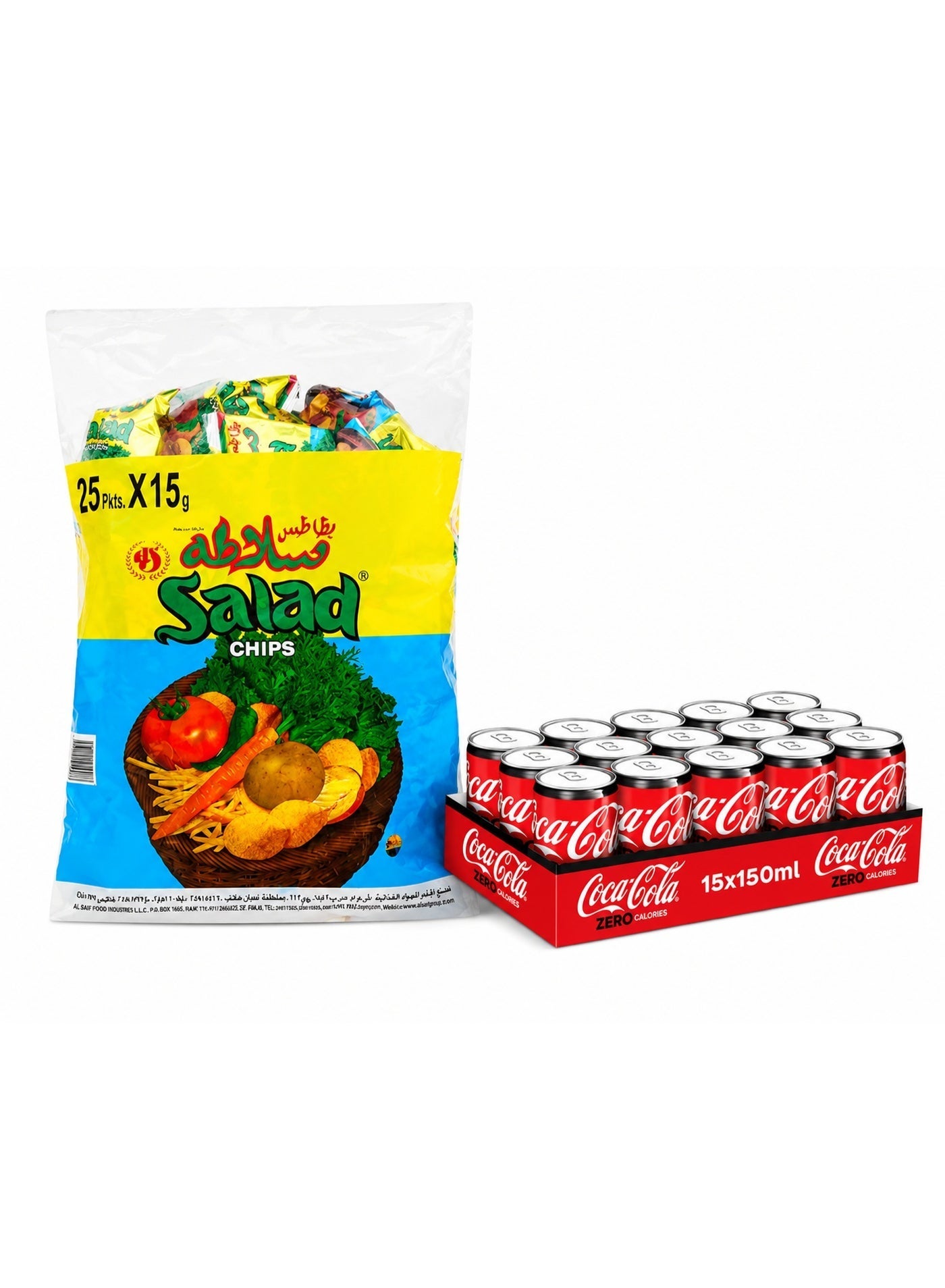noon Chips Oman Salad Chips 15grams Pack of 25 + Coca Cola Zero Can 15 x 150ml