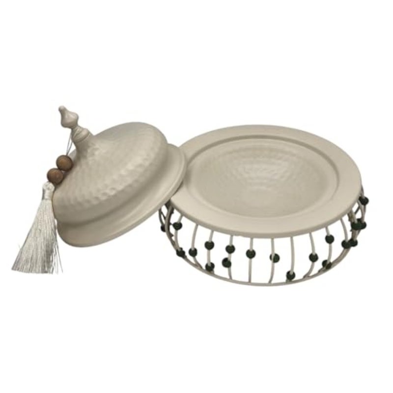طاجين معدني مع خرز أخضر مزخرف، أبيض كريمي، حاوية طهي مغربية تقليدية، 28 × 17 سم، غطاء مقبب بشرابة - Image 2