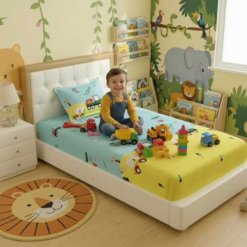 Filymore Car Single Bed Sheet for Cute car Toys bedsheet for Boys Room Cartoon bedsheet for Kids 240 TC Made with Microfiber (Size 90x60 Inch)(Colour-Lemon and Sky Blue) - Image 3