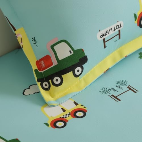 Filymore Car Single Bed Sheet for Cute car Toys bedsheet for Boys Room Cartoon bedsheet for Kids 240 TC Made with Microfiber (Size 90x60 Inch)(Colour-Lemon and Sky Blue) - Image 2