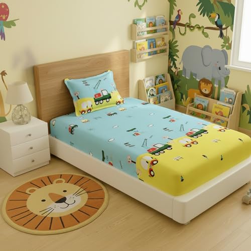 Filymore Car Single Bed Sheet for Cute car Toys bedsheet for Boys Room Cartoon bedsheet for Kids 240 TC Made with Microfiber (Size 90x60 Inch)(Colour-Lemon and Sky Blue) - Image 1
