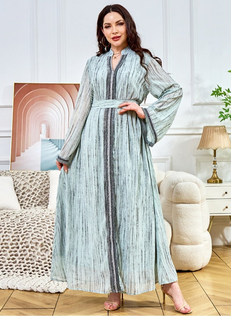 Ladies Exquisite Rhinestones Decoration Robe Elegant Loose Fit Long Dress Fashion Middle East Muslim Abaya Bluish Green