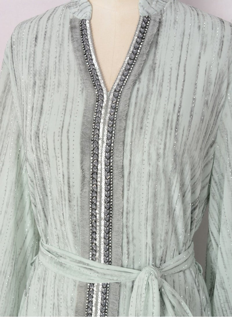 Ladies Exquisite Rhinestones Decoration Robe Elegant Loose Fit Long Dress Fashion Middle East Muslim Abaya Bluish Green
