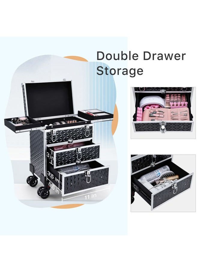 FRENESSA Professional Rolling Makeup Case Aluminum Trolley Train Case with 360° Swivel Wheels for Makuep Artist Travel Cosmetic Organizer with Sliding Drawers for Nail Tech Hairstylist Barber, Black  - Image 4