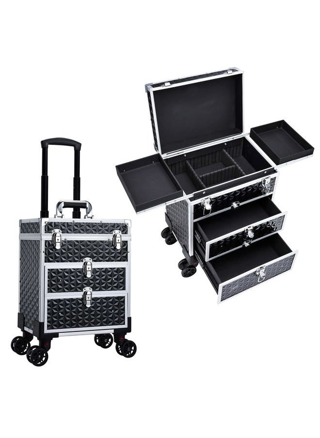 FRENESSA Professional Rolling Makeup Case Aluminum Trolley Train Case with 360° Swivel Wheels for Makuep Artist Travel Cosmetic Organizer with Sliding Drawers for Nail Tech Hairstylist Barber, Black  - Image 1