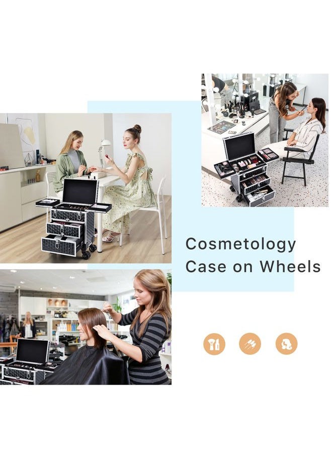 FRENESSA Professional Rolling Makeup Case Aluminum Trolley Train Case with 360° Swivel Wheels for Makuep Artist Travel Cosmetic Organizer with Sliding Drawers for Nail Tech Hairstylist Barber, Black  - Image 2