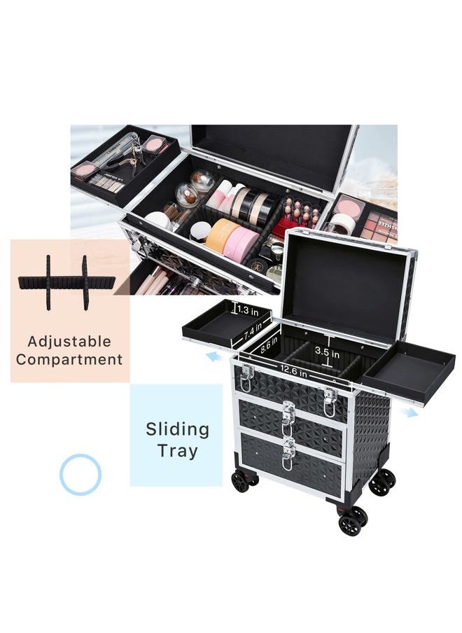FRENESSA Professional Rolling Makeup Case Aluminum Trolley Train Case with 360° Swivel Wheels for Makuep Artist Travel Cosmetic Organizer with Sliding Drawers for Nail Tech Hairstylist Barber, Black  - Image 3