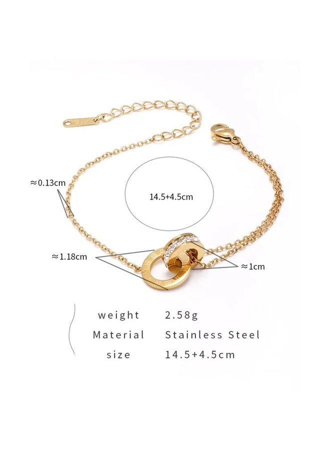 Julia Store 18K Gold Plated Stainless Steel Tassel Gold Color Jewelry Delicate Eternal Love Friendship Roman Numerals Double Ring Design Bracelet For Women Girls - Image 2