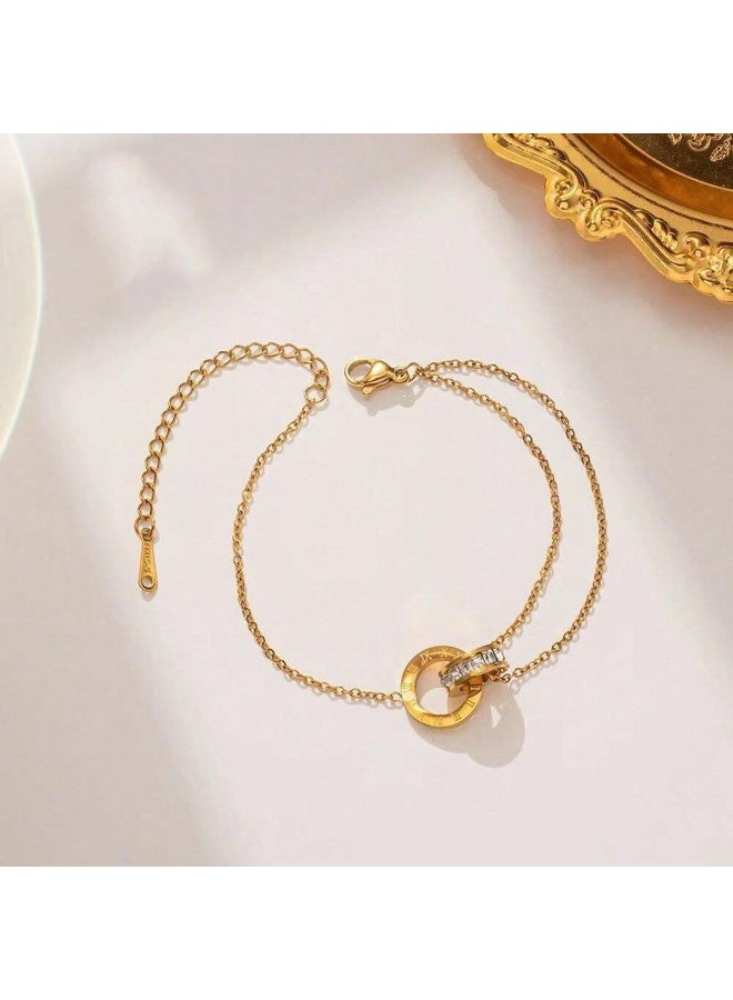 Julia Store 18K Gold Plated Stainless Steel Tassel Gold Color Jewelry Delicate Eternal Love Friendship Roman Numerals Double Ring Design Bracelet For Women Girls - Image 1