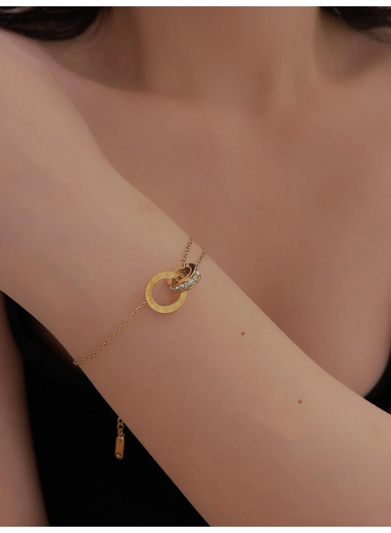 Julia Store 18K Gold Plated Stainless Steel Tassel Gold Color Jewelry Delicate Eternal Love Friendship Roman Numerals Double Ring Design Bracelet For Women Girls - Image 3