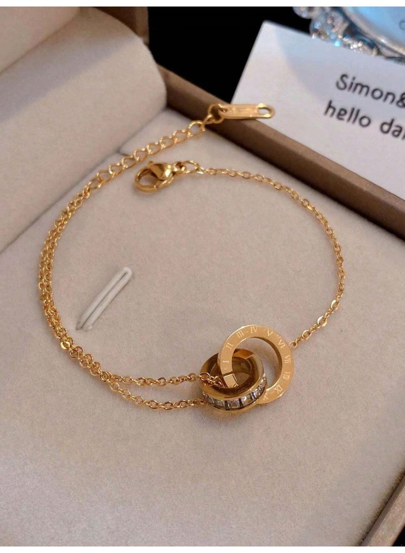 Julia Store 18K Gold Plated Stainless Steel Tassel Gold Color Jewelry Delicate Eternal Love Friendship Roman Numerals Double Ring Design Bracelet For Women Girls - Image 4