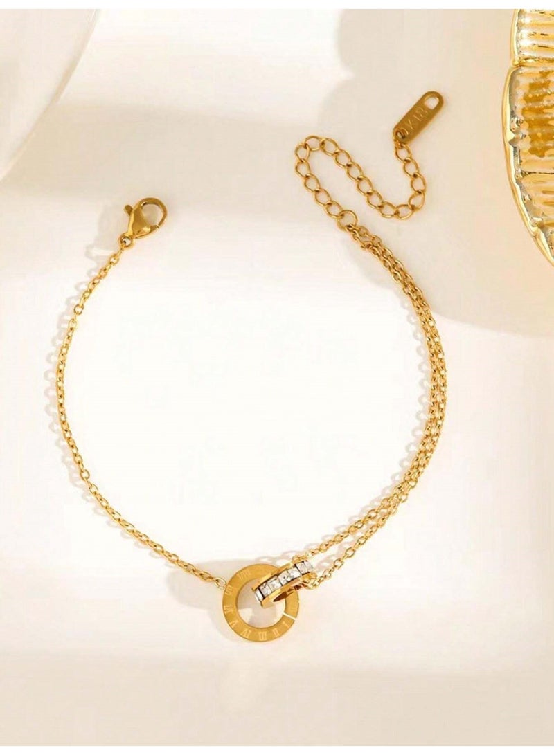 Julia Store 18K Gold Plated Stainless Steel Tassel Gold Color Jewelry Delicate Eternal Love Friendship Roman Numerals Double Ring Design Bracelet For Women Girls - Image 5