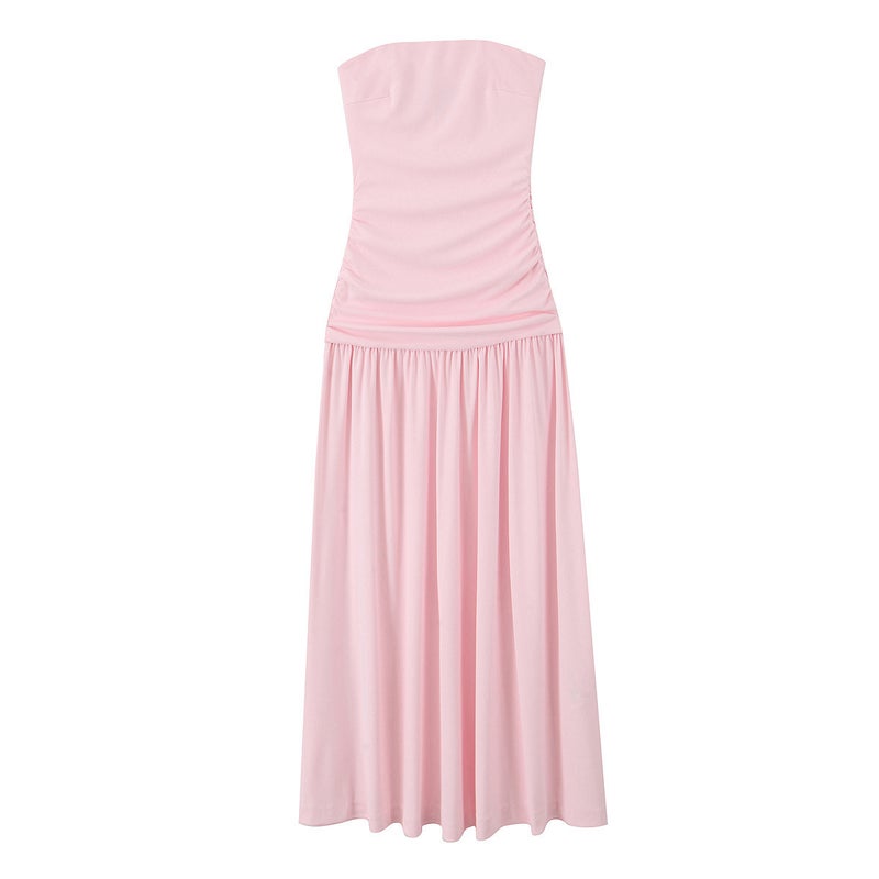 SAW AliExpress Independent Station Womens Wear European and American Style Pleated Decorative Tube Top Sleeveless Long dress 2421262 Pink
