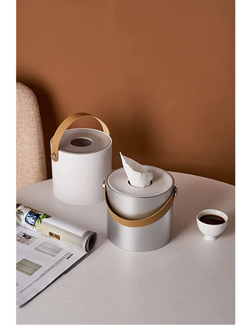 Tissue Box Holder, Tissue Dispenser Modern Round Plastic Box Cover Napkin Organizer with Leather Handles for Bathroom Vanity Tops, Dressers, Bedside Tables, Desks and Tables (White) - Image 4