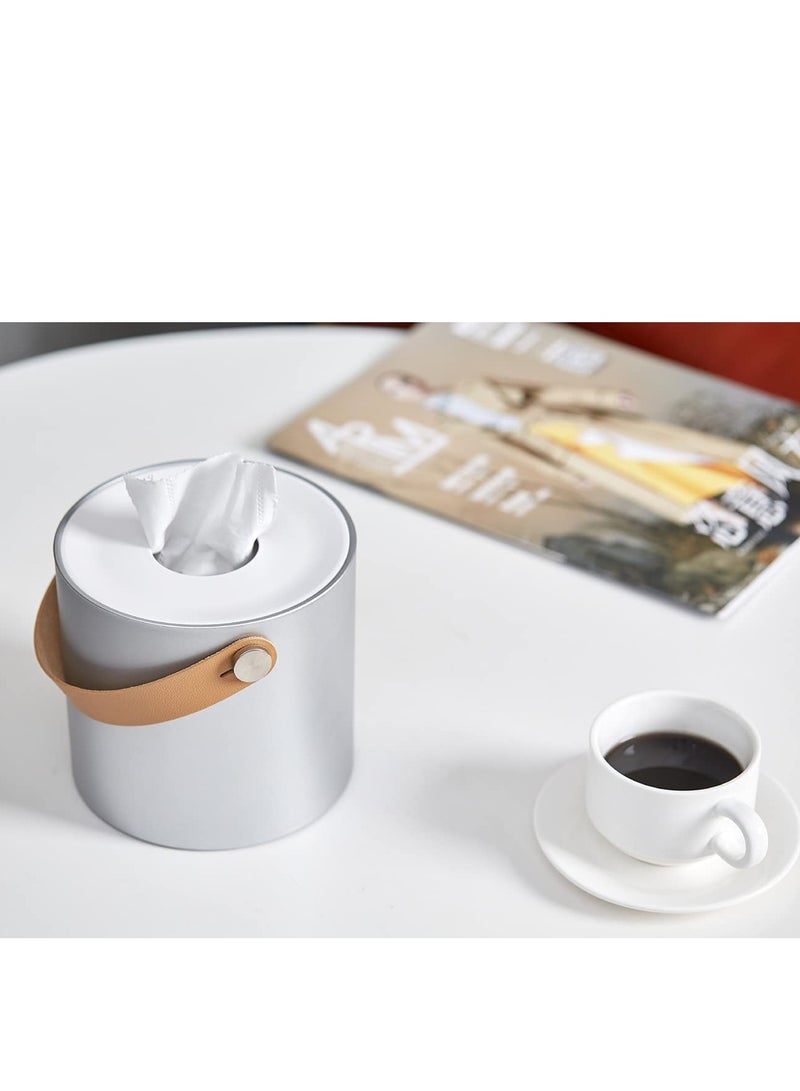 Tissue Box Holder, Tissue Dispenser Modern Round Plastic Box Cover Napkin Organizer with Leather Handles for Bathroom Vanity Tops, Dressers, Bedside Tables, Desks and Tables (White) - Image 2