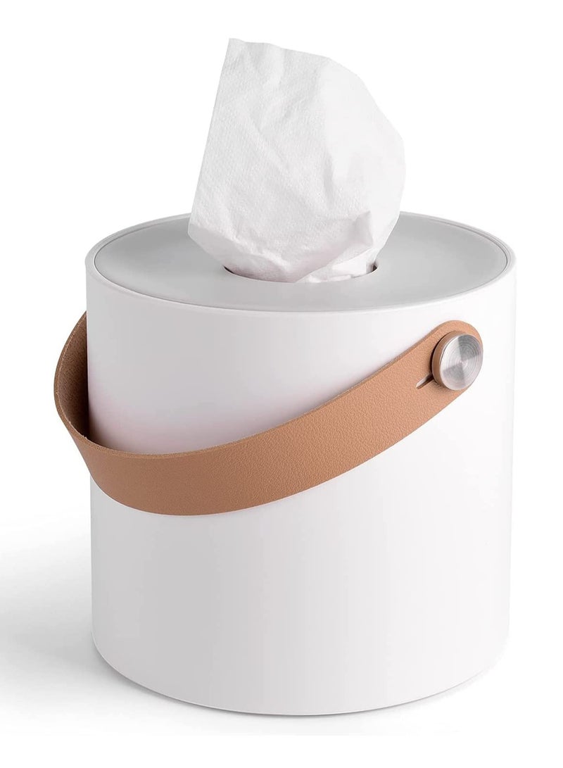 Tissue Box Holder, Tissue Dispenser Modern Round Plastic Box Cover Napkin Organizer with Leather Handles for Bathroom Vanity Tops, Dressers, Bedside Tables, Desks and Tables (White) - Image 1