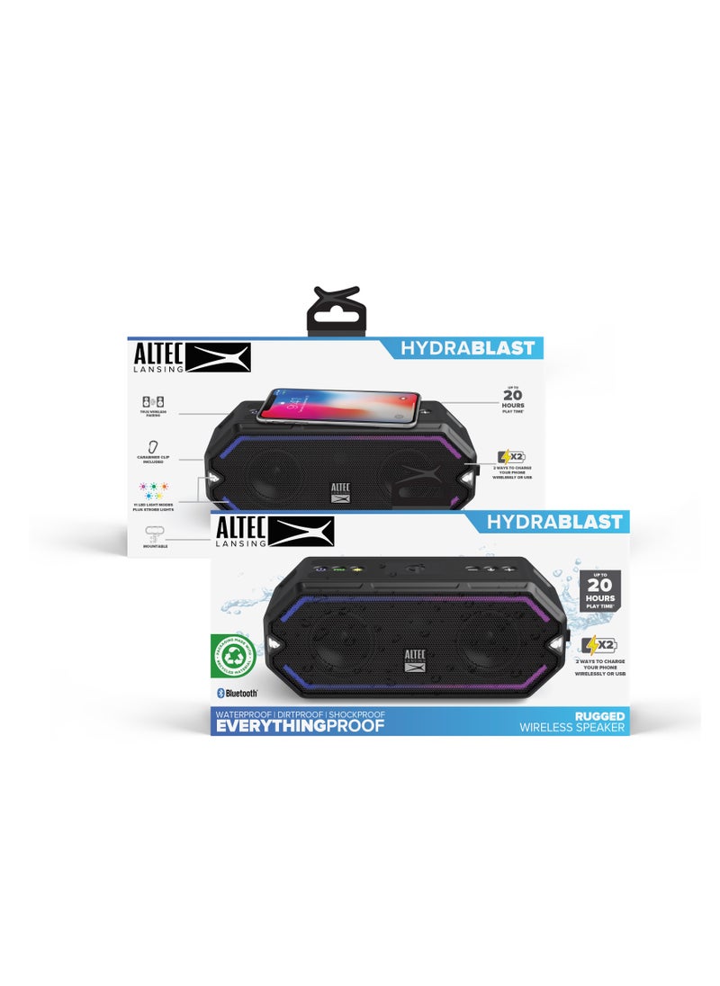 Hydra Blast Wireless Portable Bluetooth Speaker, IP67,100 Foot Wireless Range, USB C Rechargeable Outdoor Speakers with Qi Charging, LED Lights, 20 Hour Playtime, Black