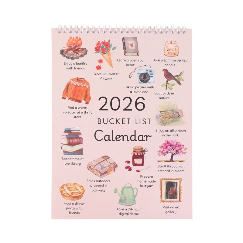 2026 Bucket List Calendar: Pink, Thick Uncoated Cardboard Pages, Cuttable Decorative Sections - Tear Off Design, To-do List & Notes Sections, Two-month Reference Planning Calendar for Home Office Clas - Image 1