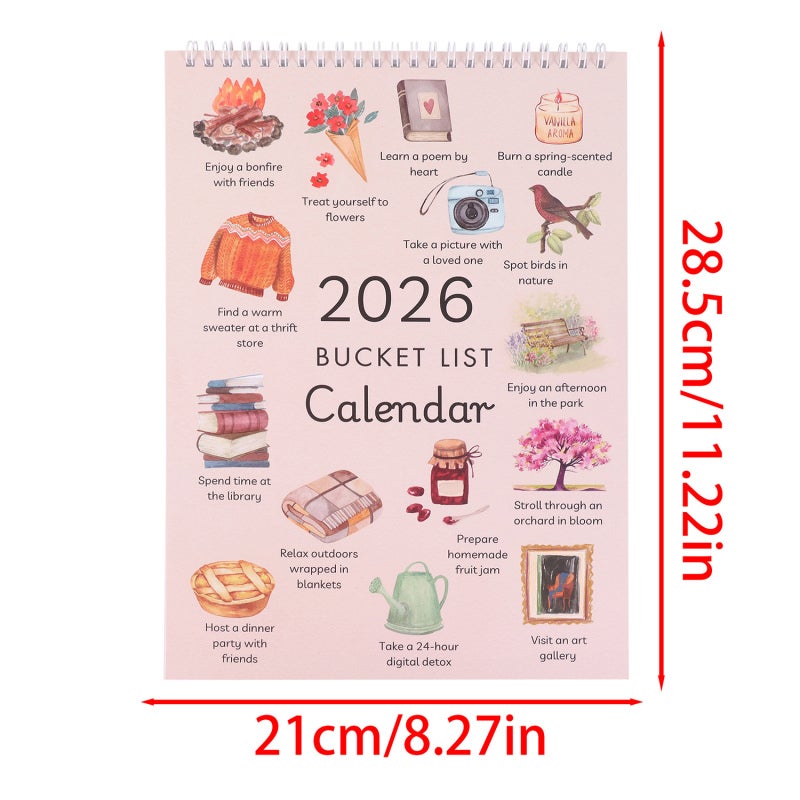 2026 Bucket List Calendar: Pink, Thick Uncoated Cardboard Pages, Cuttable Decorative Sections - Tear Off Design, To-do List & Notes Sections, Two-month Reference Planning Calendar for Home Office Clas - Image 2