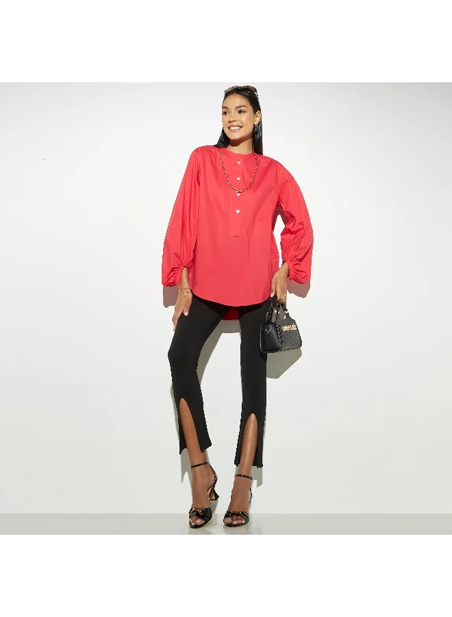 Iconic Iconic Solid High Low Poplin Top with Volume Sleeves