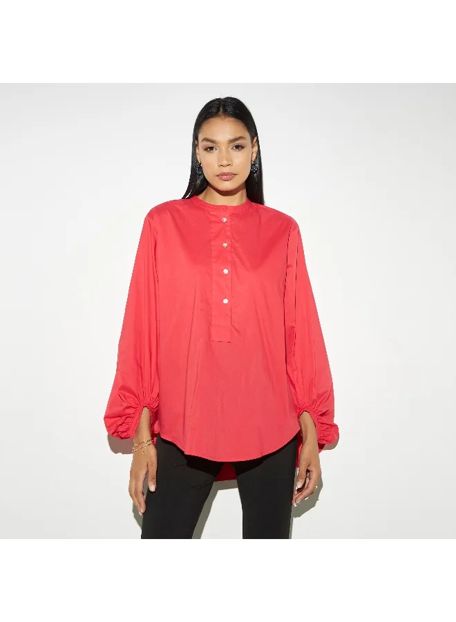 Iconic Iconic Solid High Low Poplin Top with Volume Sleeves