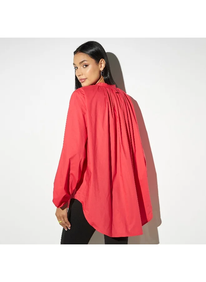 Iconic Iconic Solid High Low Poplin Top with Volume Sleeves