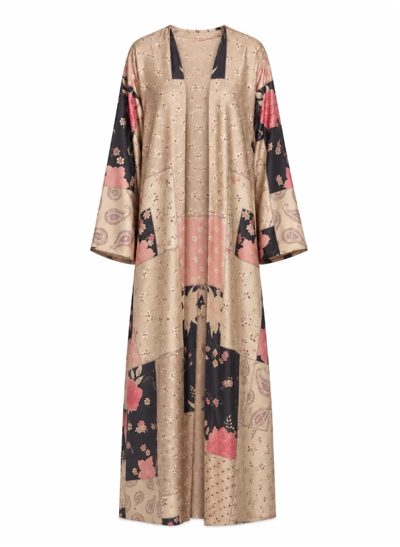 Women's Luxury Silk Abaya Kimono with Matching Chiffon Hijab, Vintage Patchwork Floral & Paisley Print, Champagne Beige, Sizes 52-60 inches