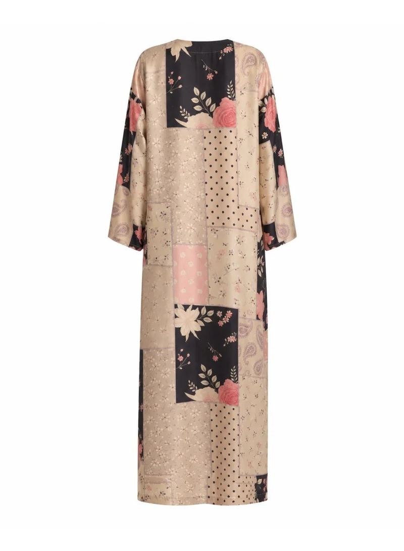 Amnad International Women's Luxury Silk Abaya Kimono with Matching Chiffon Hijab, Vintage Patchwork Floral & Paisley Print, Champagne Beige, Sizes 52-60 inches