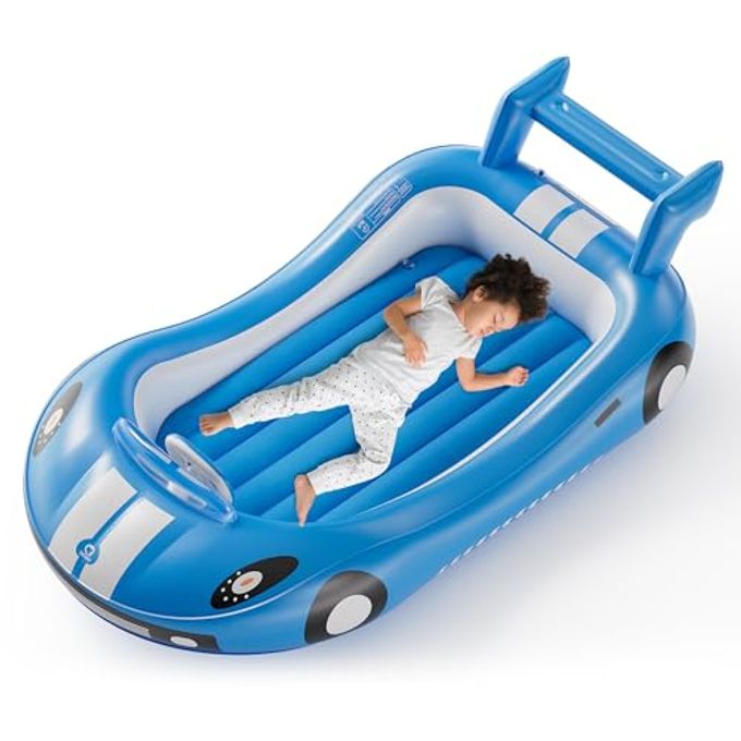 QPAU Blow Up Inflatable Toddler Travel Bed With Sides, Toddler Air Mattress For Camping, Traveling, Hotel, Or Home Use, Hand Pump Included (Blue) - Image 4